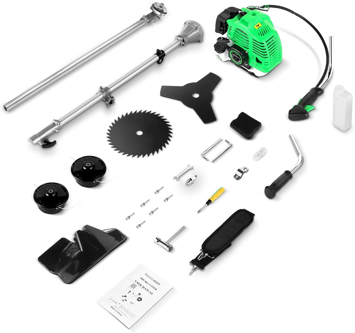 58CC Weed Wacker Brush Cutter, Gas Powered String Trimmer 4-in-1 Gas Weed Eater with 4 Detachable Heads Straight Shaft 2-Cycle for Weed, Brush(Green)