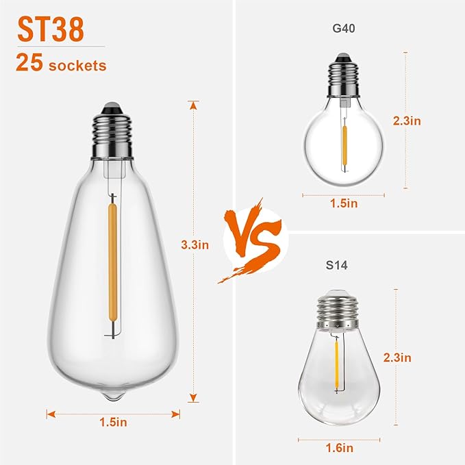 50FT Outdoor String Lights with Remote, Garden Patio Decor with 2500K Warm White, 25+1 LED Edison Bulbs, Support Timer Dimmable Waterproof Shatterproof for Yard Outside Porch Deck Indoor