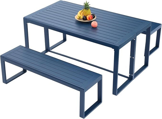Aoodor 3-Piece Outdoor Patio Dining Set, Aluminum Furniture Set with 1 Rectangular Picnic Table and 2 Benches for Garden, Lawn, Yard