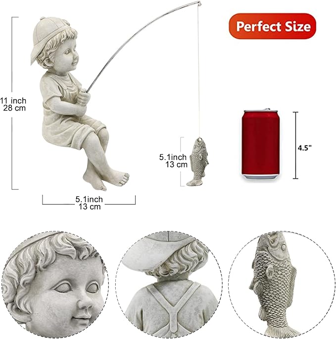 Goodeco Fisherboy Statue Garden Decor - 11" Little Fishing Guy for Koi Pond or Waterfalls, Poolside Statue with Glow in Dark Pebbles Included, Great Gifts for Mom, Women or Birthdays, Gift Ideas