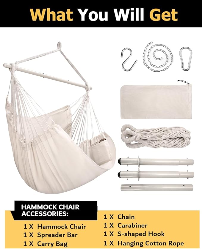 ADVOKAIR Hammock Chair Hanging Chair Rope Swing XXL - Max 500lbs, 70in Large Hammock Swing Chair -Portable Steel Spreader Bar with Anti-Slip Rings-Roomy & Strong