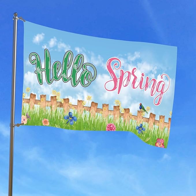 Hello Spring Birds with Flowers Home Flag 3x5 Ft,Seasonal Welcome Home Flower Spring Sweet Farmhouse Rustic Home Décor House Flag Seasonal Holiday Party Polyester Outdoor Decor with Brass