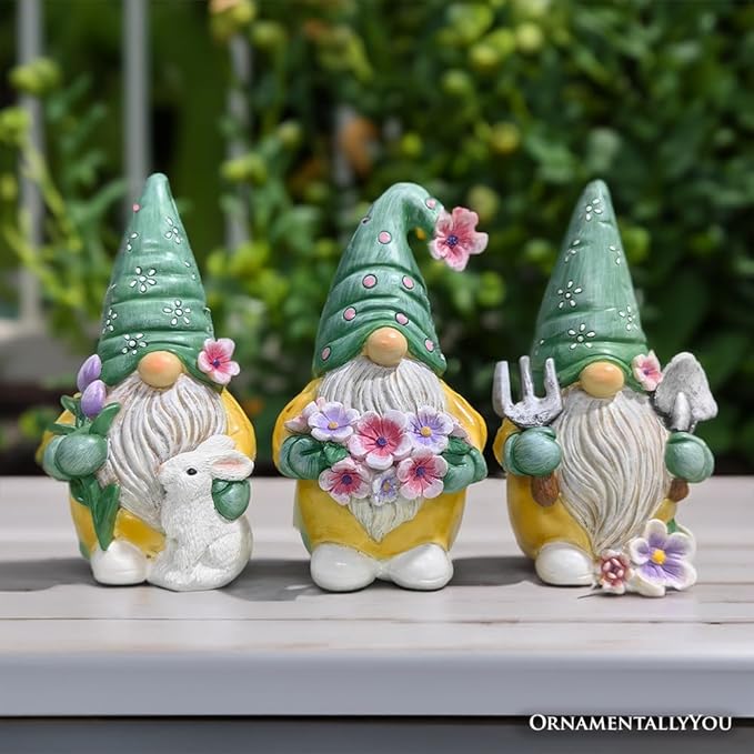 Garden Guardians Set of Three 6" Gardening Gnome Figurines, Floral Green and Yellow Statue Decor
