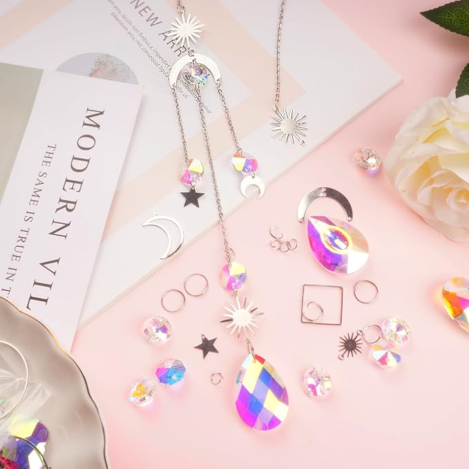 ilclviz DIY Suncatcher Making Kits Colorful Suncatcher Crystals Kit Supplies for Adults 200pcs DIY Suncatcher Prism Kit for Indoor Outdoor Window Hanging Garden Decor (Silver)