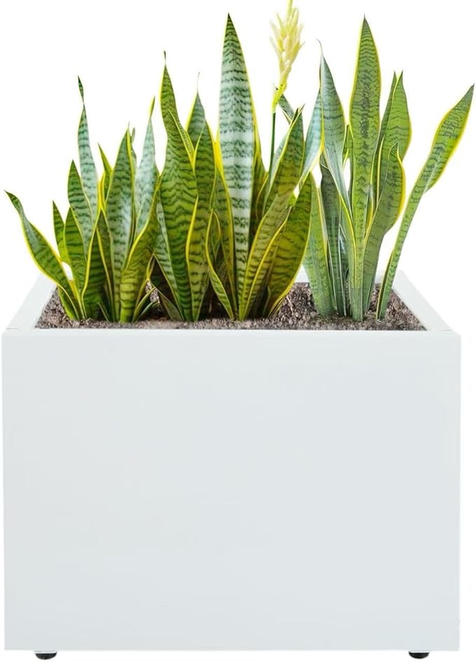 Galvanized Steel Rectangular Planter, 16"x 12"x 12" Small Planters for Outdoor Plants, White Outdoor Planter with Drainage Holes
