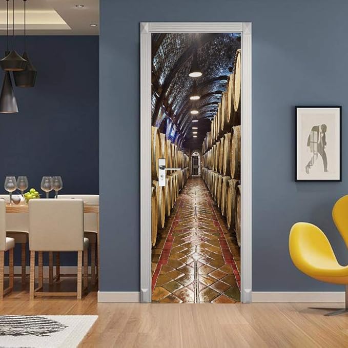 3D Door Stickers Murals - Peel & Stick Wine Cellar Theme - Removable PVC Waterproof Door Poster, 33.9" x 78.7" for Bedroom & Living Room