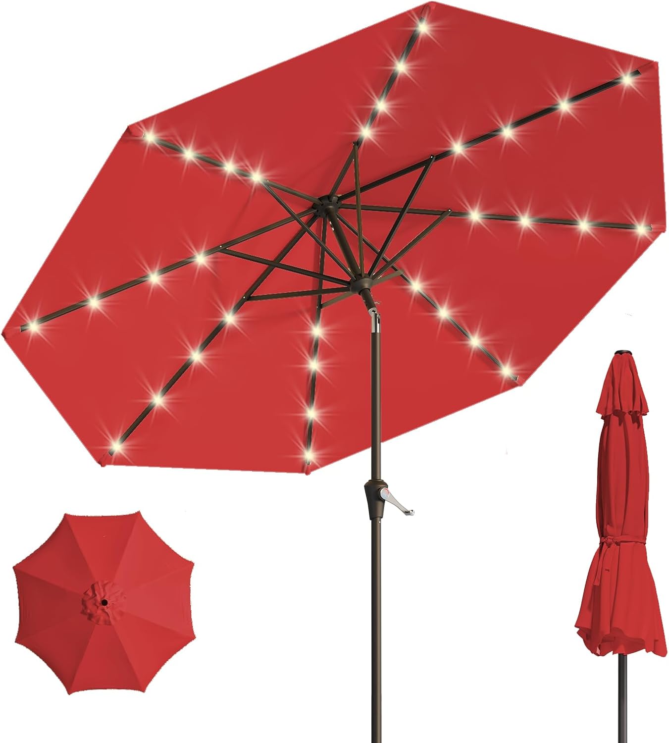 9FT Solar Umbrella 32 LED Lighted Patio Umbrella Table Market Umbrella w/Tilt and Crank, UV-Resistant Outdoor Umbrella for Pool, Garden, Deck, Red