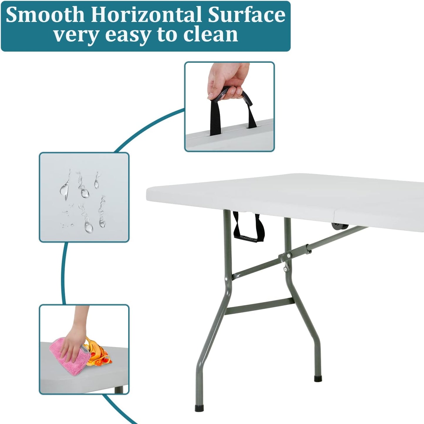 6FT Folding Table, Heavy Duty Plastic Table Portable Fold-in-Half Utility Table Indoor Outdoor Picnic Table w/Handle & Lock for Camping BBQ Party Wedding Market Events, 500LBS