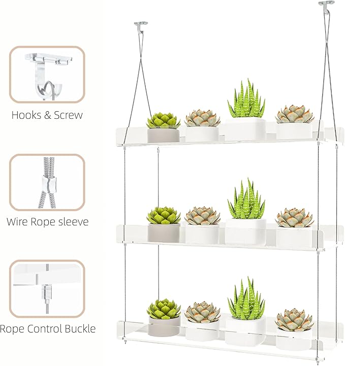 Hanging Clear Window Plant Shelves, Height Adjustable Acrylic Window Plant Hanger, 3-Tier Sturdy Window Sill Plant Shelf for Indoor Window Grow Herbs, Succulents, Flower