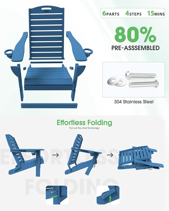 Adirondack Chairs Set of 2, Outdoor Fire Pit Chairs, HDPE All-Weather Adirondack Chairs with Cup Holder, Lawn Chair for Deck, Patio, Garden (NavyBlue)