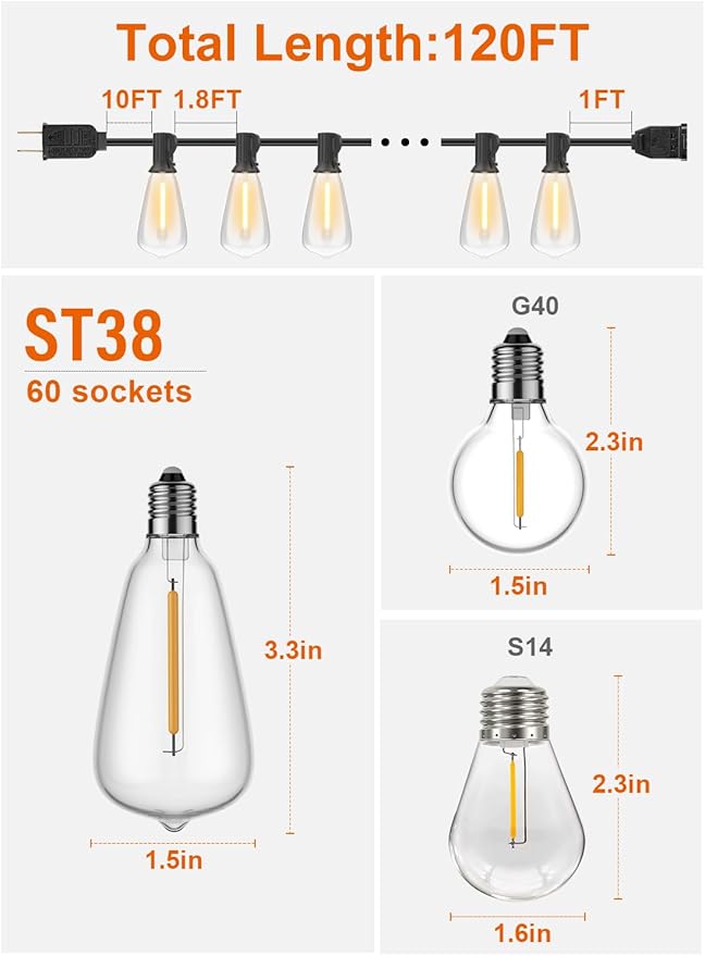 GPATIO 120FT Outdoor String Lights, Waterproof Patio Lights with 64 Hanging Lights ST38 Bulbs, 2700k Shatterproof for Backyard Gazebo Porch Garden Outside Decor