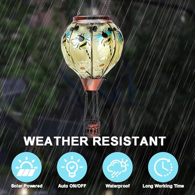 2PC Hot Air Balloon Solar Lantern with 2PC Shepherd Hook, Flickering Flame Hanging Solar Lanterns Outdoor Lights Waterproof Lanterns Decorative Garden Patio Yard Party Decor (Bees)