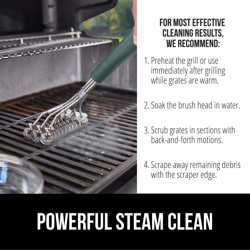 GORILLA GRIP Heavy Duty No Bristle Triple Helix Grill Brush with Scraper for Outdoor Grills, Safe Steam Cleaning, Oversized Comfortable Handle Grip with Bottle Opener, BBQ Tools, 17.5 Inch, Green