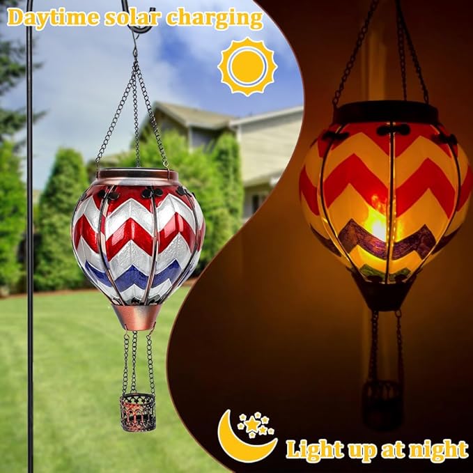 2PCS Solar Hot Air Balloon Lanterns with Flame with Shepherd's Hooks, Glass Hanging Flickering Lights Outdoor Waterproof for Garden Tree Yard Patio Mother's Day Gift, 18" H Wavy