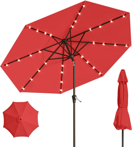 10FT Solar Umbrella 32 LED Lighted Patio Umbrella Table Market Umbrella w/Tilt and Crank, UV-Resistant Outdoor Umbrella for Pool, Garden, Deck, Red