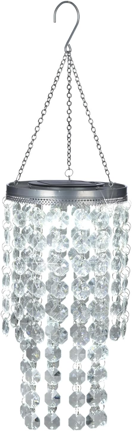 Hanging Solar Crystal Chandelier Outdoor, 21” Modern Solar Transparent Acrylic Beaded Lantern with Cool White LED S Hooks for Garden Yard Patio Gazebo Outside Decor