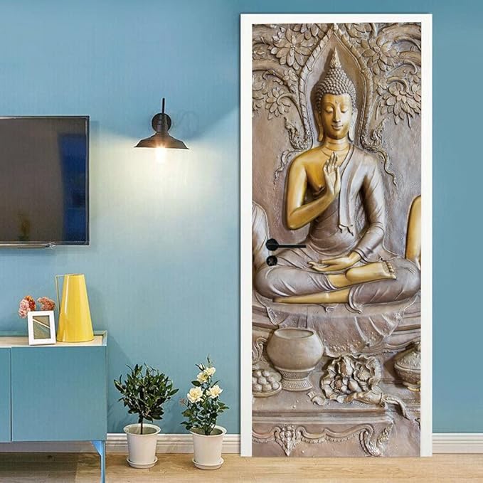 3D Door Stickers Murals - Buddha Statue - Peel and Stick - Waterproof & Washable - Matt Finish - Oriental Style - PVC Material - Door & Wall - 37.4" x 84.6"