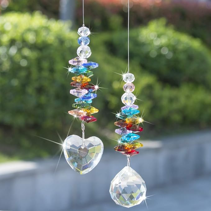 H&D HYALINE & DORA Hanging Crystal Suncatcher Rainbow Maker with Heart Prism Pendant and Crystal Prism Ball and Chakra Colored Beads,for Window Decor,Pack of 2