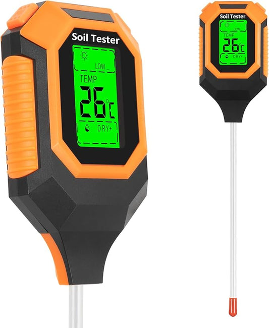 4-in-1 Soil Moisture Meter Digital PH Meter/Soil Moisture/Plant Temperature/Sunlight Intensity, Backlight LCD Display, Soil Test Meter for Garden, Lawn, Plant Care, Farm and Indoor Outdoor Plants