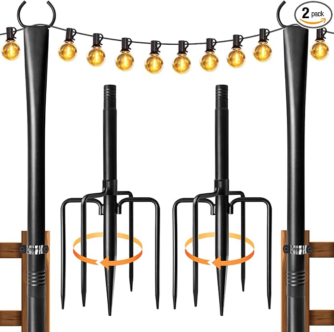 2 Pack String Light Poles for Outside, Thickened Metal Lights Hanger Pole Outdoor with Fork, Lighting Hanging Post Accessories for Patio Decor Garden Backyard Yard Front Porch Outside Decorations