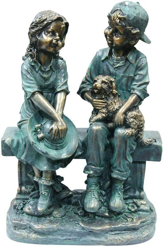 Alpine Corporation 16" Tall Indoor/Outdoor Girl and Boy Sitting on Bench with Puppy Statue Yard Art Decoration