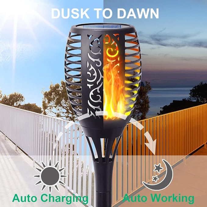 4Pack Solar Torch Light with Flickering Flame, Upgraded 3in1 Solar Lights Outdoor Hanging Lantern, Waterproof Landscape Decoration Lighting for Garden Yard Pathway Driveway, Auto On/Off