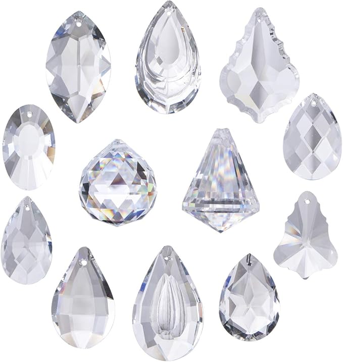 H&D Clear Jewelry Crystals Pendants Chandelier Lamp Lighting Drops Prisms Hanging Glass Prisms Parts Suncatchers Prisms Hanging Ornaments for Home,Office,Garden Decoration,Pack of 12