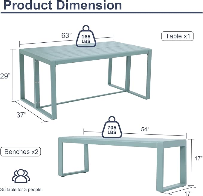 Aoodor 3-Piece Outdoor Patio Dining Set, Aluminum Furniture Set with 1 Rectangular Picnic Table and 2 Benches for Garden, Lawn, Yard