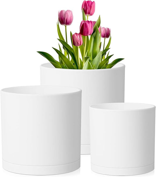 10/8/6 inch Deep Flower Pots, 3 Pack Cylinder Tall Plant Pots for Outdoor Indoor Plants, Large Decorative Plastic Planters with Drainage Holes and Saucers for Garden House Plants, White