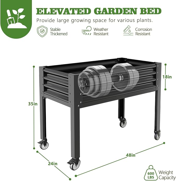 A ANLEOLIFE Galvanized Raised Garden Bed with Legs,48x24x35in Large Elevated Planter Box on Wheels with Drainage Holes for Backyard, Balcony, Patio, 600lb Capacity, Quartz Grey
