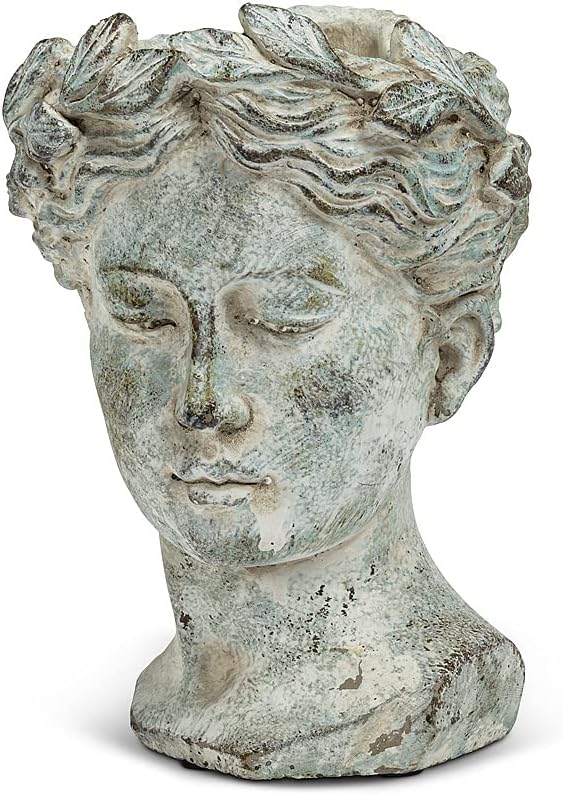 Abbott Collection Goddess Head Planter - Large Cement Indoor and Outdoor Planter Pot - Grecian Woman Statue Head Planter for Flowers and Succulents - Grey (10" H, 4.5" Opening)