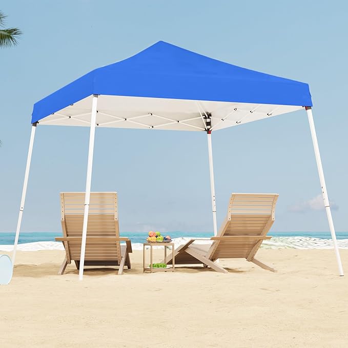 10x10 Pop Up Canopy, 300D Silver Coated Blue Fabric Outdoor Gazebo, Beach Tent Slant Legs with Storage Bag,Easy Up Sun Shade Shelter Tents with 8x8 Top Cover for Patio,Party