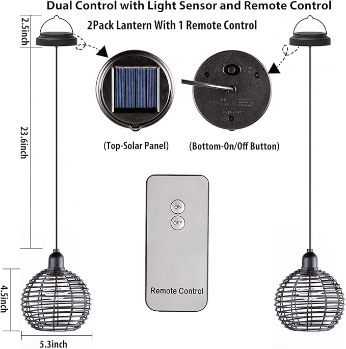 Hanging Solar Lantern Lights Waterproof, Outdoor Chandelier with G50 Warm White LED Bulbs, Black Rattan Globe Shades, Solar Decorative Lights for Patio Tree Pergola Gazebo Porch Garden-2Pack