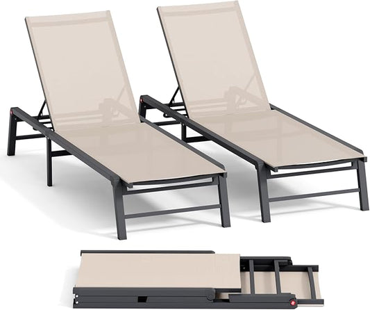 Aluminum Chaise Lounge Chair Outdoor, Foldable Patio Lounge Chair 2 Sets Assemble-Free, Pool Lounge Chairs with 5 Adjustable Backrest, Outdoor Lounge Chairs for Outside Poolside Beach Lawn Beige