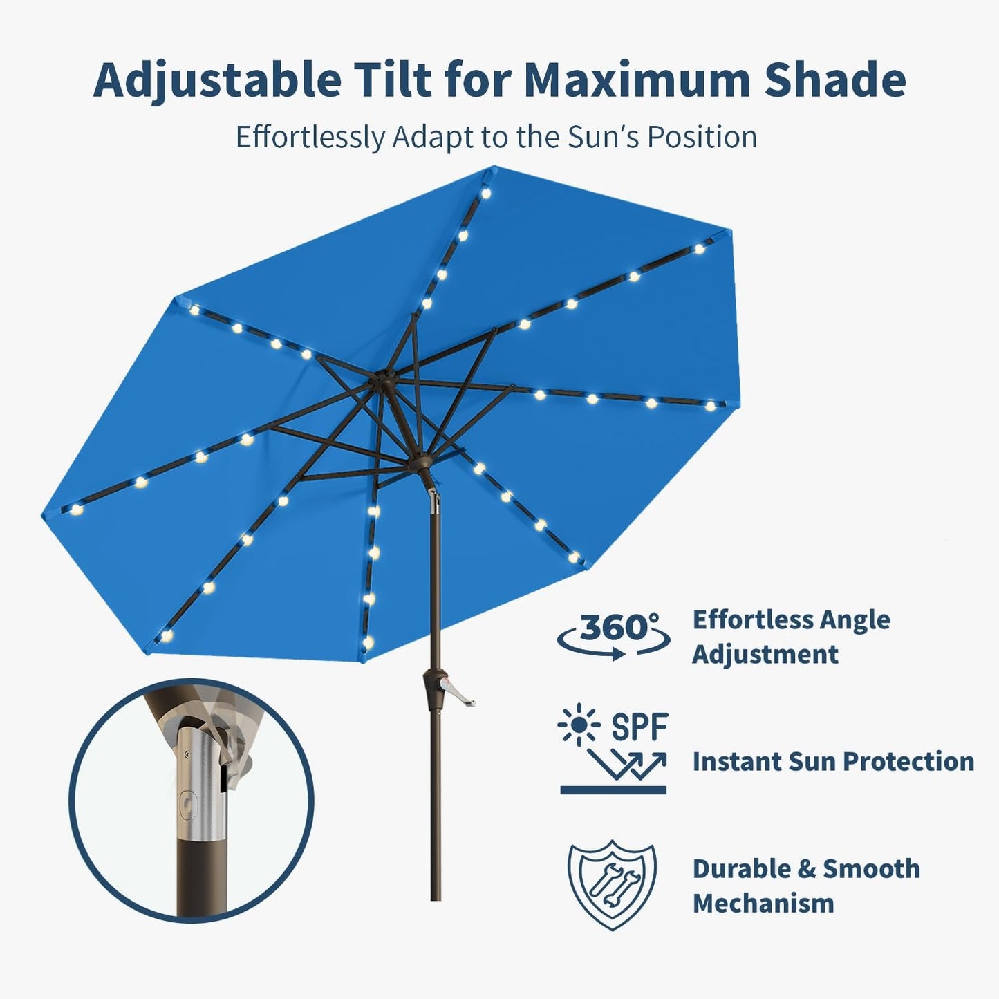 9FT Solar Umbrella 32 LED Lighted Patio Umbrella Table Market Umbrella w/Tilt and Crank, UV-Resistant Outdoor Umbrella for Pool, Garden, Deck, Royal Blue