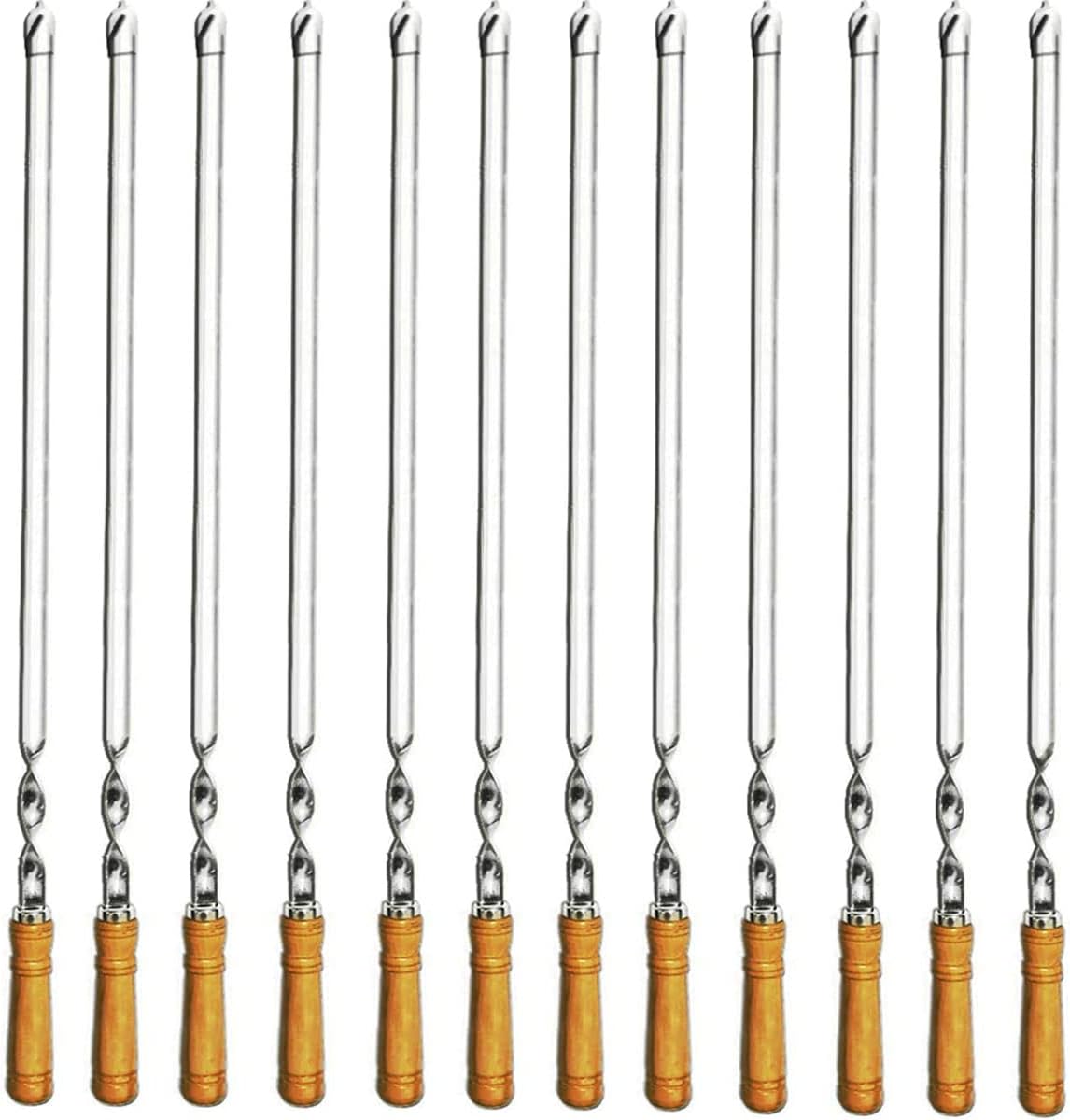 12 Pack Kabob Skewers BBQ Barbecue Skewers Stainless Steel Sticks 23.5 Inch Heavy Duty Large Wide Reusable with Nonslip Wooden Handle Ideal for Shish Kebab Chicken Shrimp and Vegetables