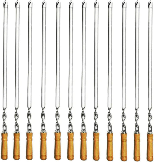 12 Pack Kabob Skewers BBQ Barbecue Skewers Stainless Steel Sticks 23.5 Inch Heavy Duty Large Wide Reusable with Nonslip Wooden Handle Ideal for Shish Kebab Chicken Shrimp and Vegetables