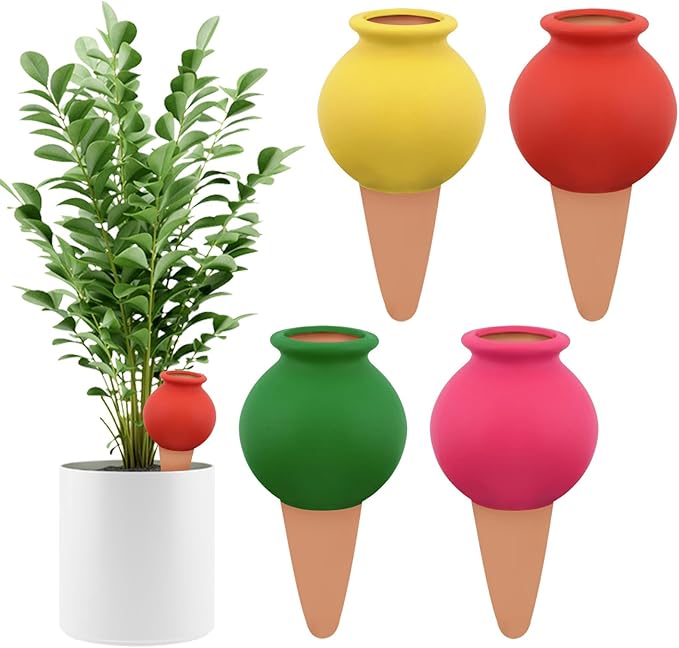 4Pcs Plant Watering Globes, Kalolary Hedgehog Shape Self Watering Spikes Terracotta Drip Water Stakes Irrigation Watering Bulbs for Pot, Indoor, Outdoor, Vacation (Bottle)