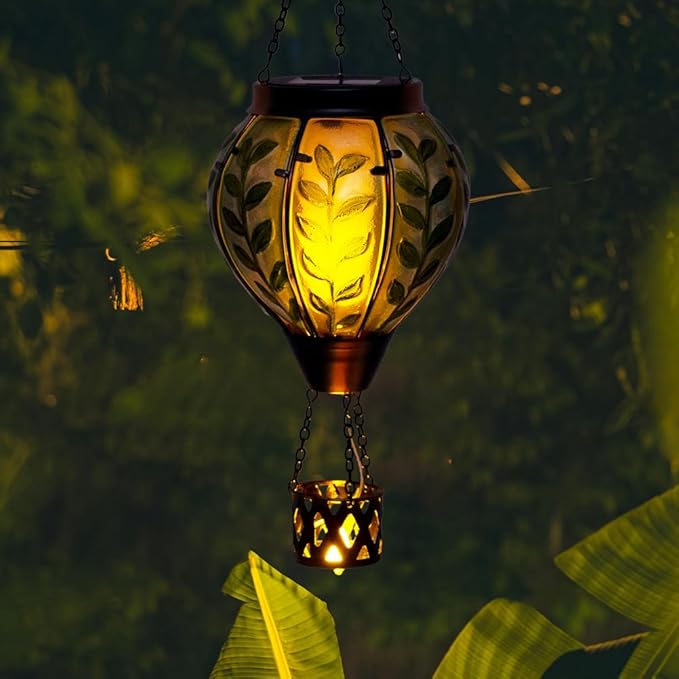 Green Leaf Hot Air Balloon Solar Lantern with Flickering Flame Light,Glass Hanging Solar Lanterns Outdoor Waterproof Hot Air Balloon Decor for Patio Party Yard Tree,Garden Gifts for Women Mom