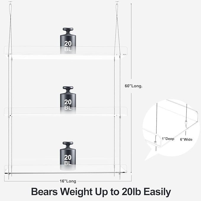 3-Tier Hanging Clear Plant Shelves for Windows, Acrylic Window Wall Plant Stand Shelf for Kitchen Indoor Gardens, Flower, Succulents, Herb, Seedling Organization, and Pots Display, 16 Inch per Tier