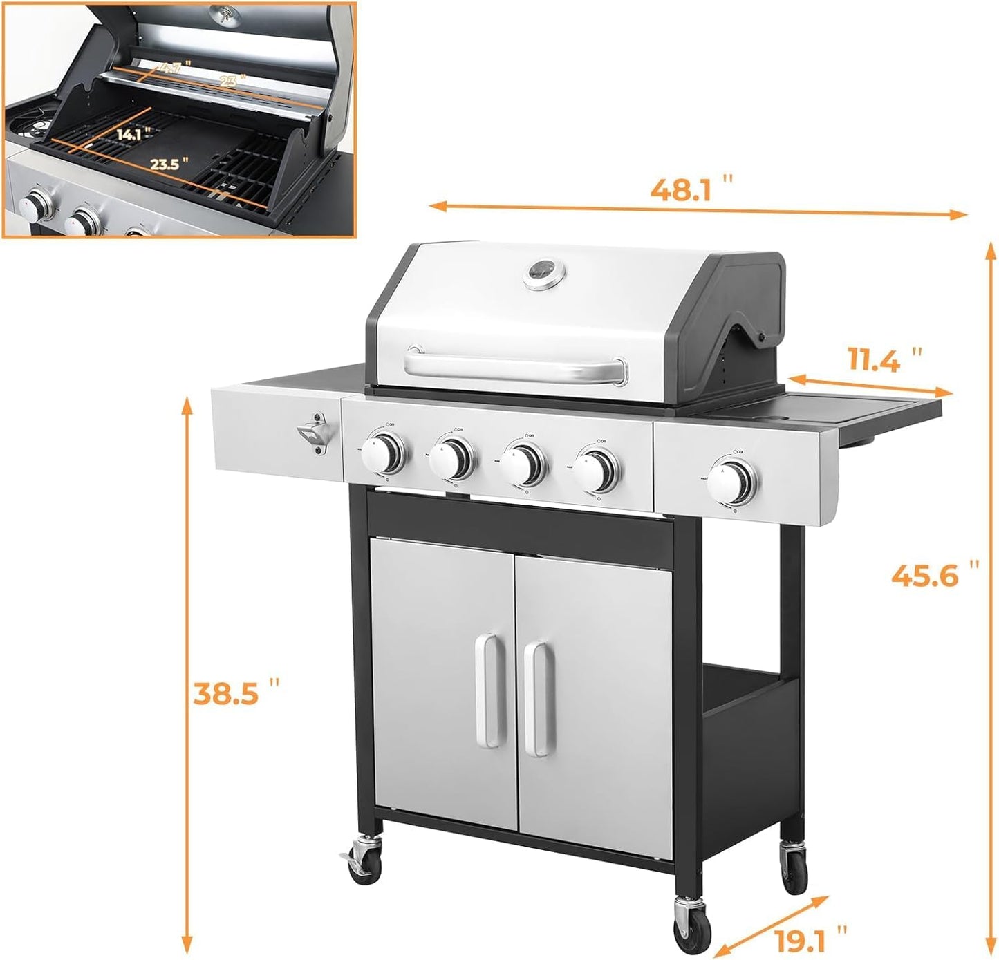 4 Burner Gas Grill with Side Burner, Dual-sided Frying Pan, Built-in Thermometer, Wheels, Side Table, Stainless Steel Burner, 47,000 BTU Outdoor Grill for Patio, Garden, Balcony
