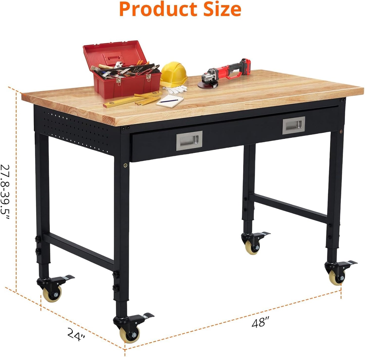 48'' Adjustable Workbench on Wheels, 2000LBS Heavy Duty Worktable with Power Outlets & Drawers, Rubberwood Workstation for Workshop, Garage, Office, Home
