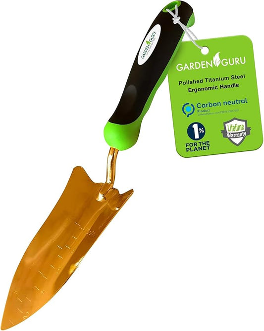 Garden Guru Titanium Transplanter Trowel Shovel - Rust Resistant - Ergonomic Handle - Perfect Hand Shovel Tool for Gardening Weeding Transplanting and Digging in Garden Beds