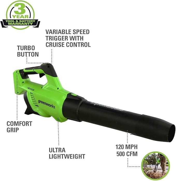 Greenworks 40V 21" Self-Propelled Lawn Mower,Axial Leaf Blower(500 CFM / 120 MPH),13" String Trimmer, 160 PSI Portable Tire Inflator, Includes 2 Batteries(5Ah+2Ah) & Chargers
