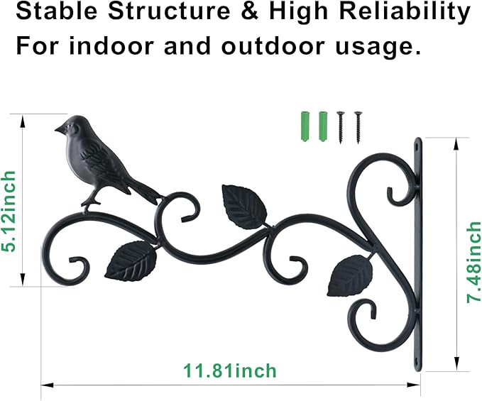 Hanging Plants Bracket 12" Bird Planter Outdoor Hooks Hangers for Flower Baskets Pot Bird Feeder Wind Chimes Lanterns Patio Garden Outdoor Indoor Metal Black, 2 Pack