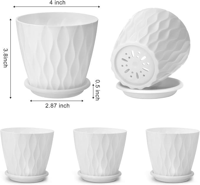 4 inch Plant Pots, 5 Pack Flower Pots Outdoor Indoor, Planters with Drainage Holes and Tray Saucers（White）
