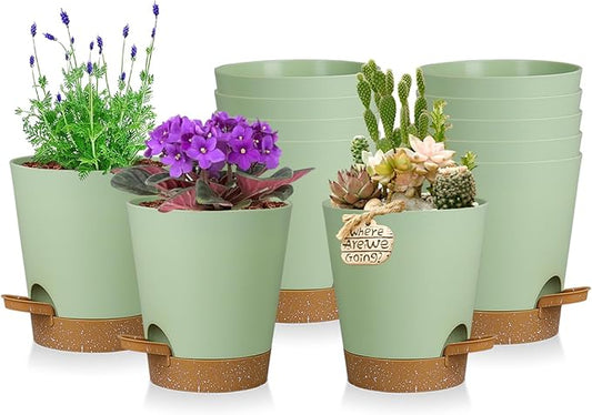 12 Pack 4 Inch Self Watering Plant Pots with Drainage and Saucers，Plastic Flower Pots for Indoor and Outdoor Plants, Nursery Planters for Houseplants and Herbs Green Brown, 4 inch 12pcs