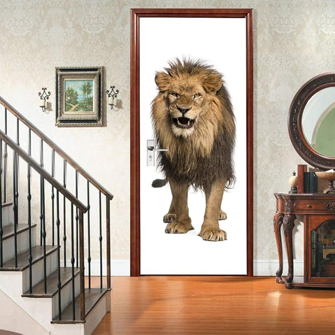 3D Lion Door Stickers - Peel & Stick - Waterproof & Washable - Matt Finish - Realistic Style - Brown - 34.6 x 78.7 Inch (2 Pieces)