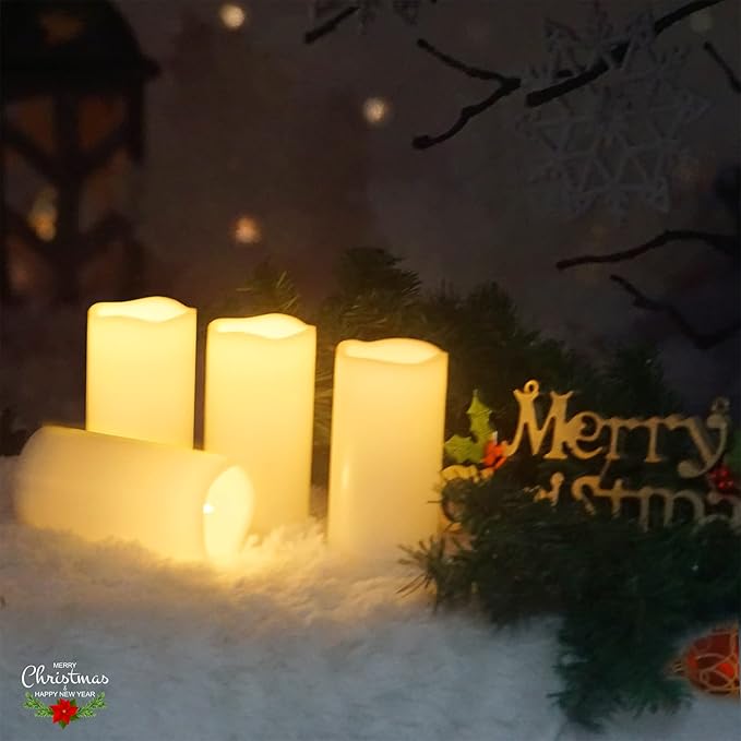 4 Pack Outdoor Battery Operated Candles with Timer Waterproof Led Flickering Candles Flameless Pillar Lights for Party/Lantern/Patio/Wedding/Garden,Cream White,3x6 Inch