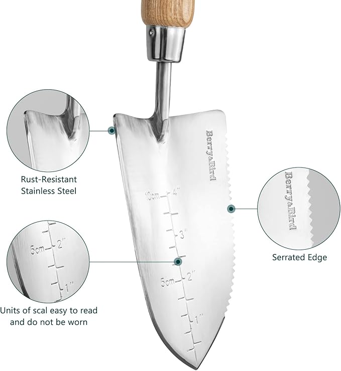 Garden Serrated Planting Trowel, Multifunctional Shovel with ash Wood and Stainless Steel Digging Trowel Transplanter